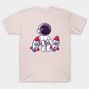 Cute Astronaut Lifting Rocket Barbell Cartoon T-Shirt